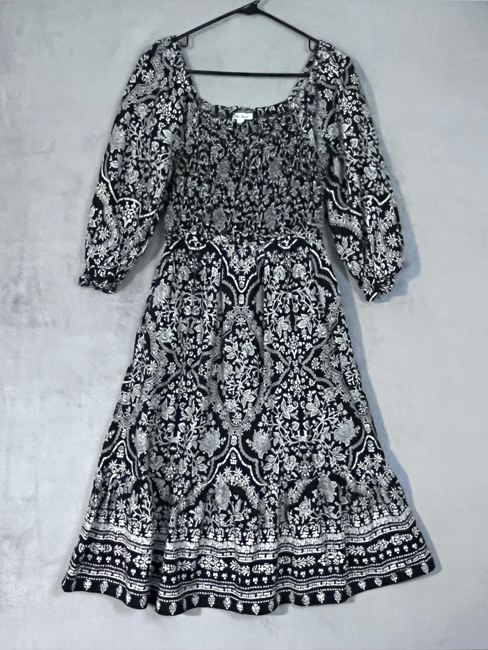 The Pioneer Woman Black White Floral Smocked Midi Dress Milkmaid Boho